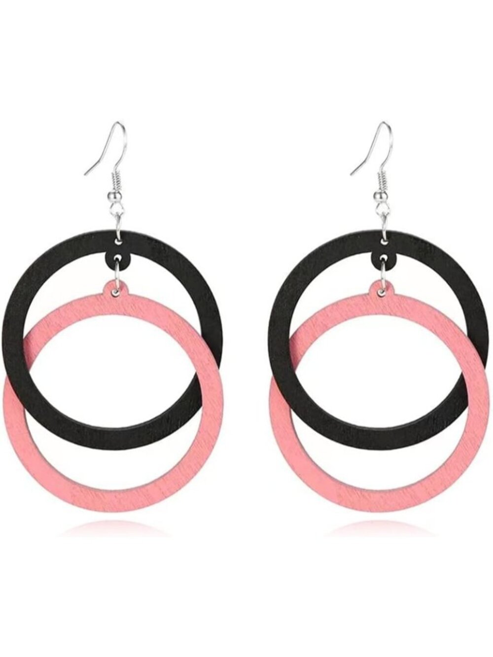 Women's Black Pink Bohemian Unique Handmade Wooden Hoop Splicing Earrings